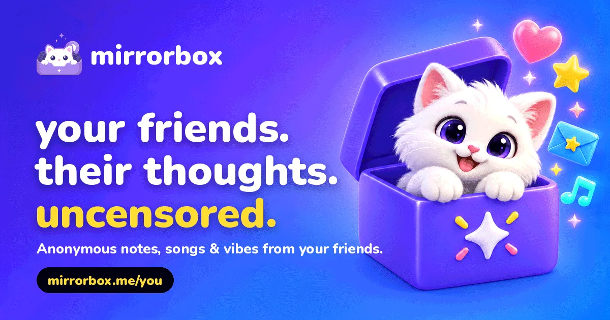 The MirrorBox cat peeking out of a purple box, next to anonymous message cards