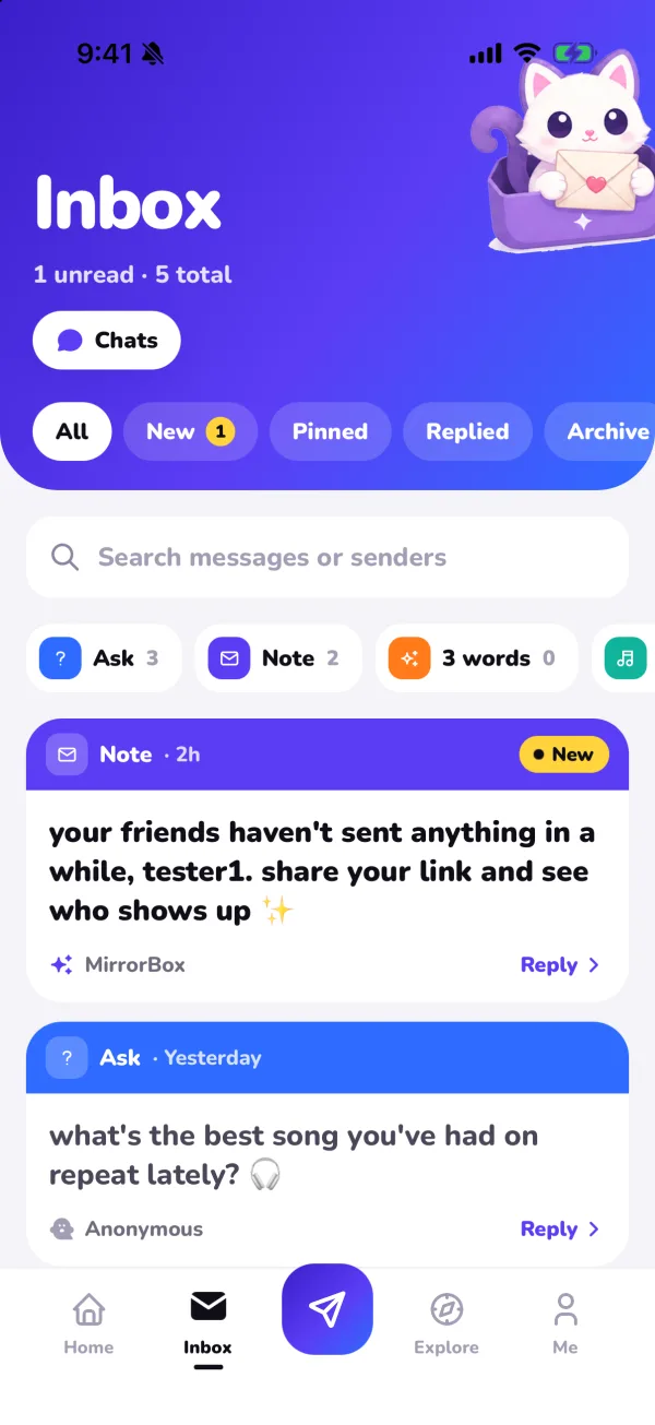The MirrorBox inbox showing received song recommendations and question cards