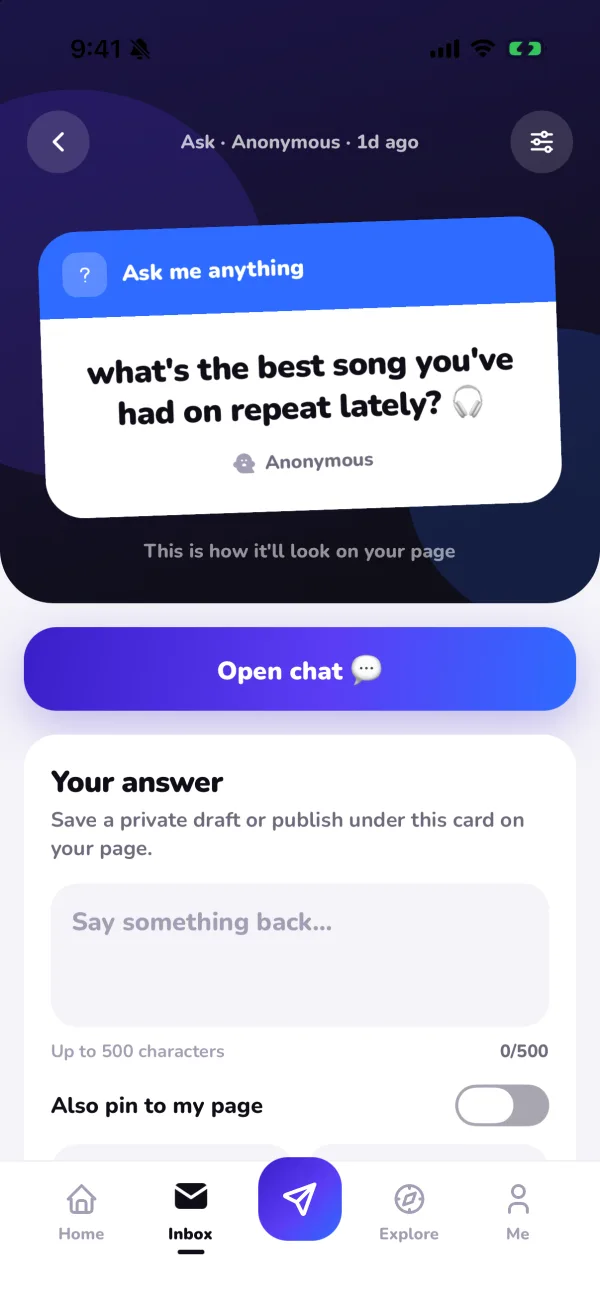An anonymous 'Ask me anything' question with an Open chat button and a box to write your answer
