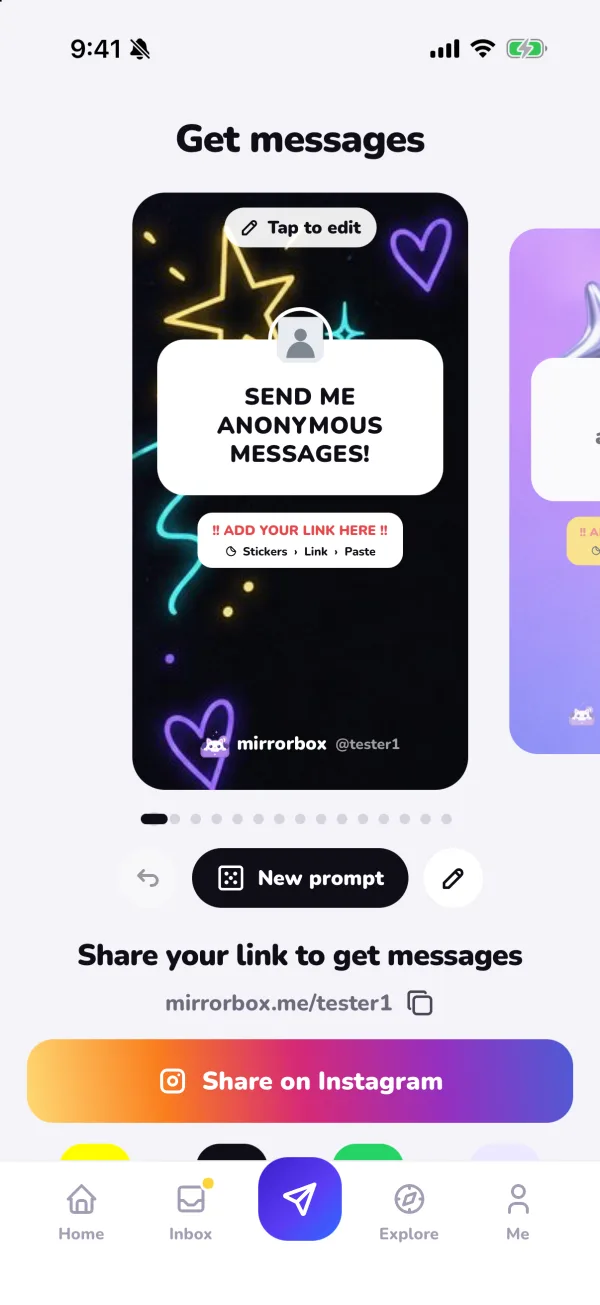 The MirrorBox story share creator with customizable prompt cards