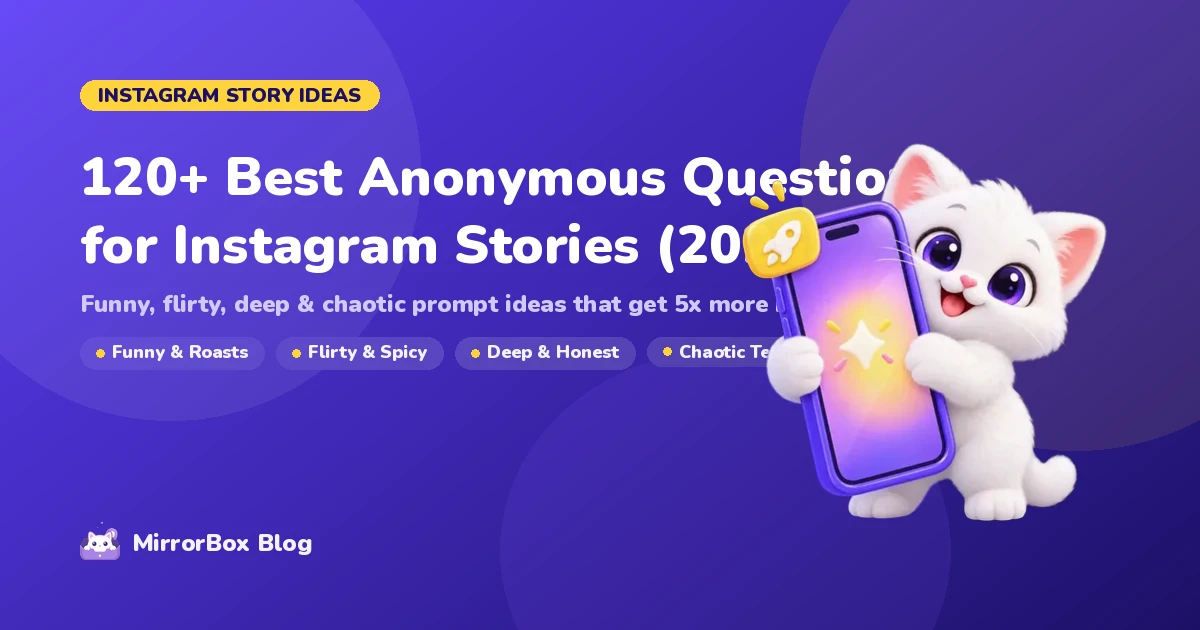 120+ Best Anonymous Questions for Instagram Stories guide cover with MirrorBox mascot and prompt cards