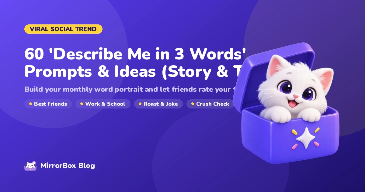60 Describe Me in 3 Words prompts and ideas guide cover with word cloud and MirrorBox mascot