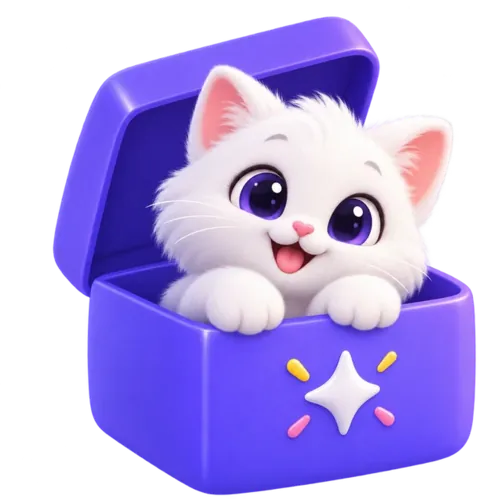 MirrorBox cat peeking out of a violet box