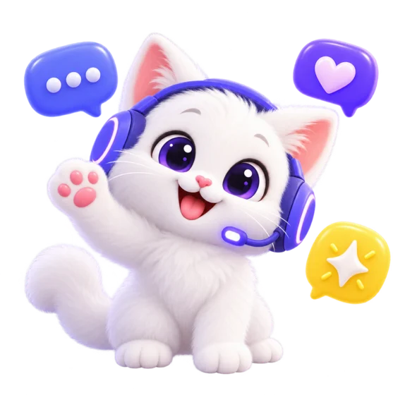 The MirrorBox cat wearing a headset and waving